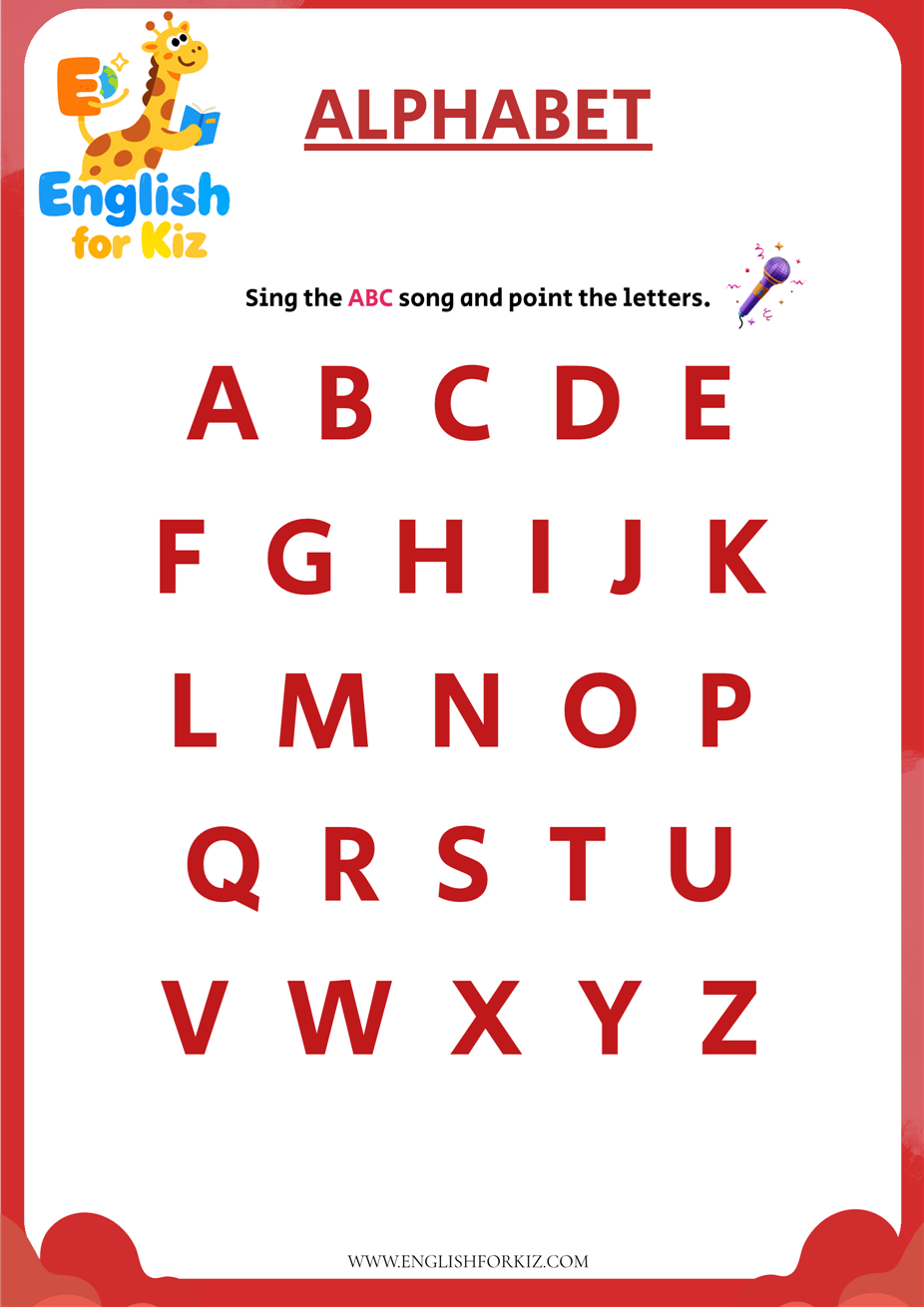 Printable preschool alphabet worksheet featuring Gigi, our 3D Pixar-style giraffe mascot, guiding early readers to learn pure A to Z letters.