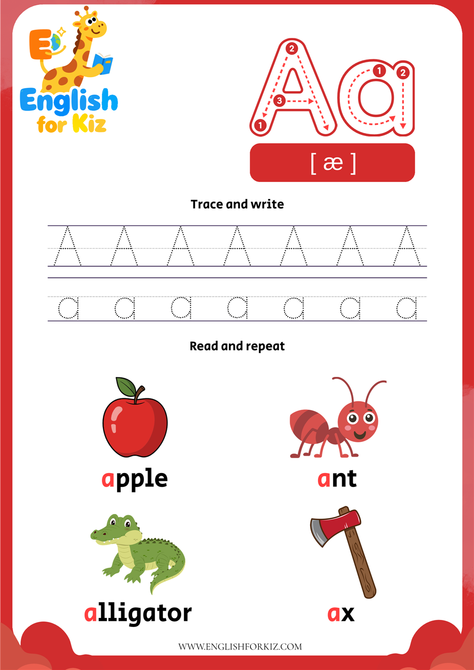 Printable Letter A phonics worksheet for preschool and kindergarten. Features Aa tracing practice and pure short 'a' sound vocabulary including apple, ant, alligator, and ax.