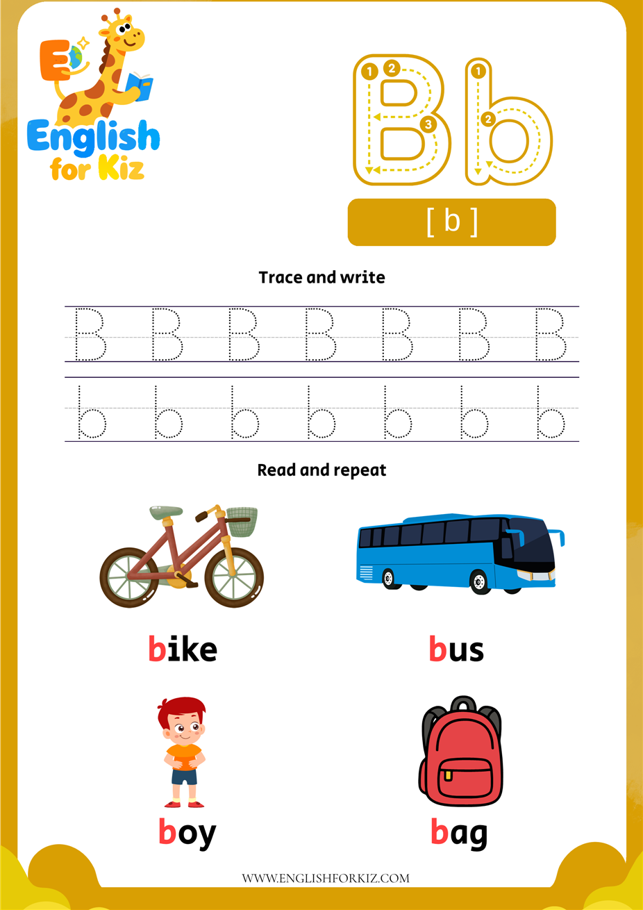 Printable Letter B phonics worksheet for early readers. Features Bb tracing practice and pure consonant 'b' sound vocabulary including bike, bus, boy, and bag.