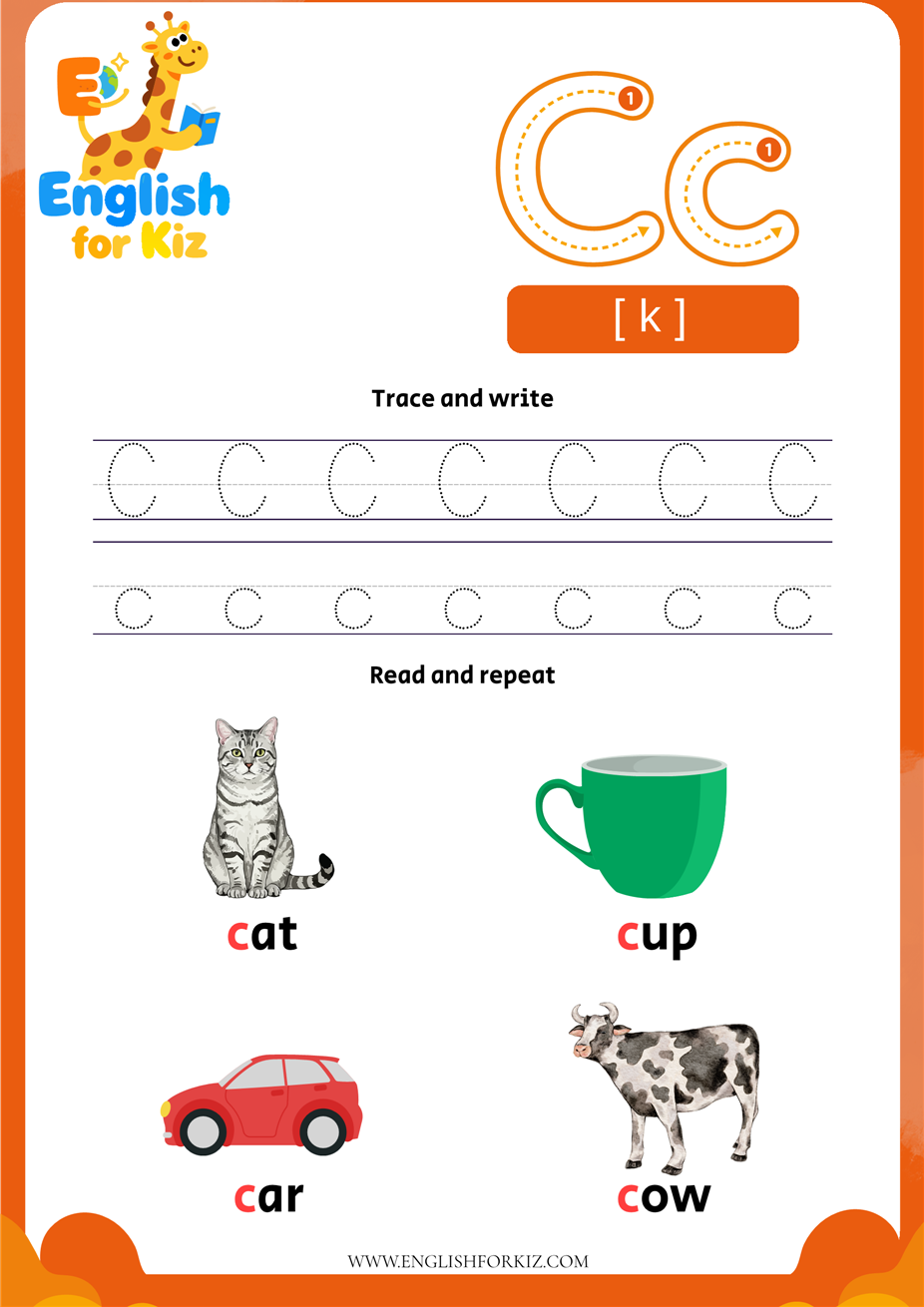 Printable Letter C phonics worksheet for early readers. Features Cc tracing practice and pure hard 'c' consonant sound vocabulary including cat, cup, car, and cow.
