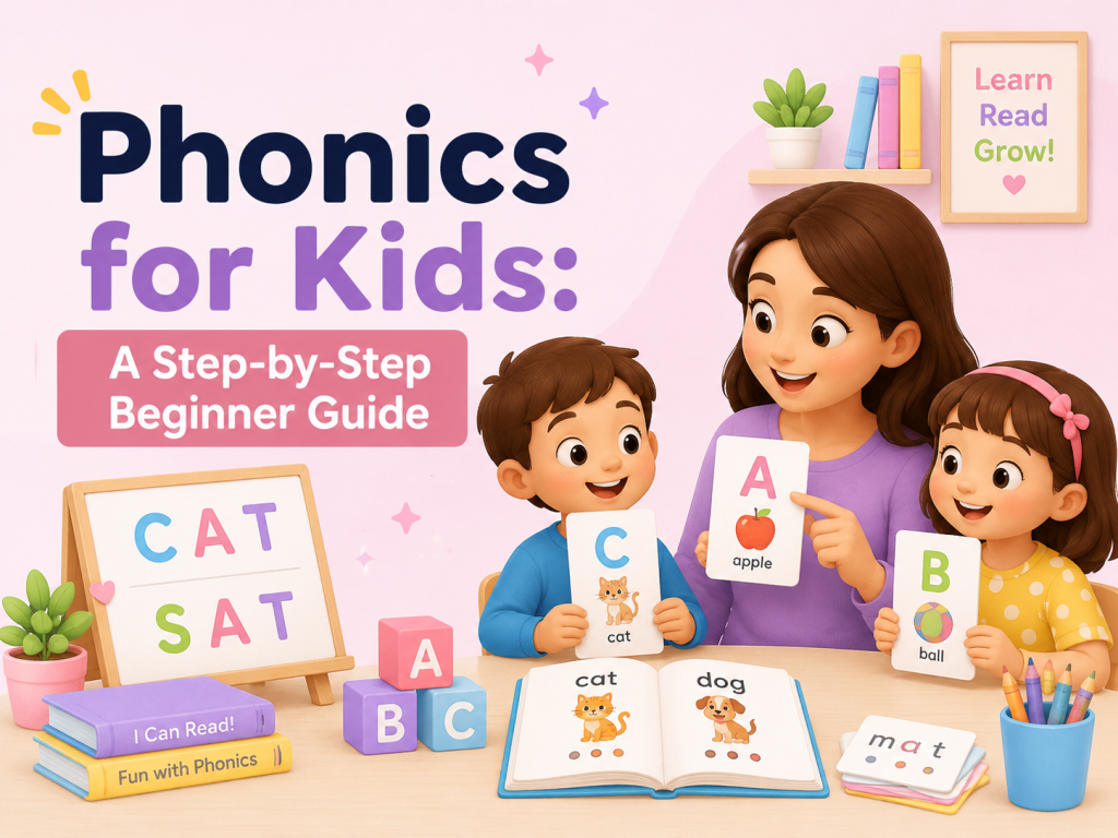 Phonics for kids beginner guide with children learning letters, flashcards, and decodable words