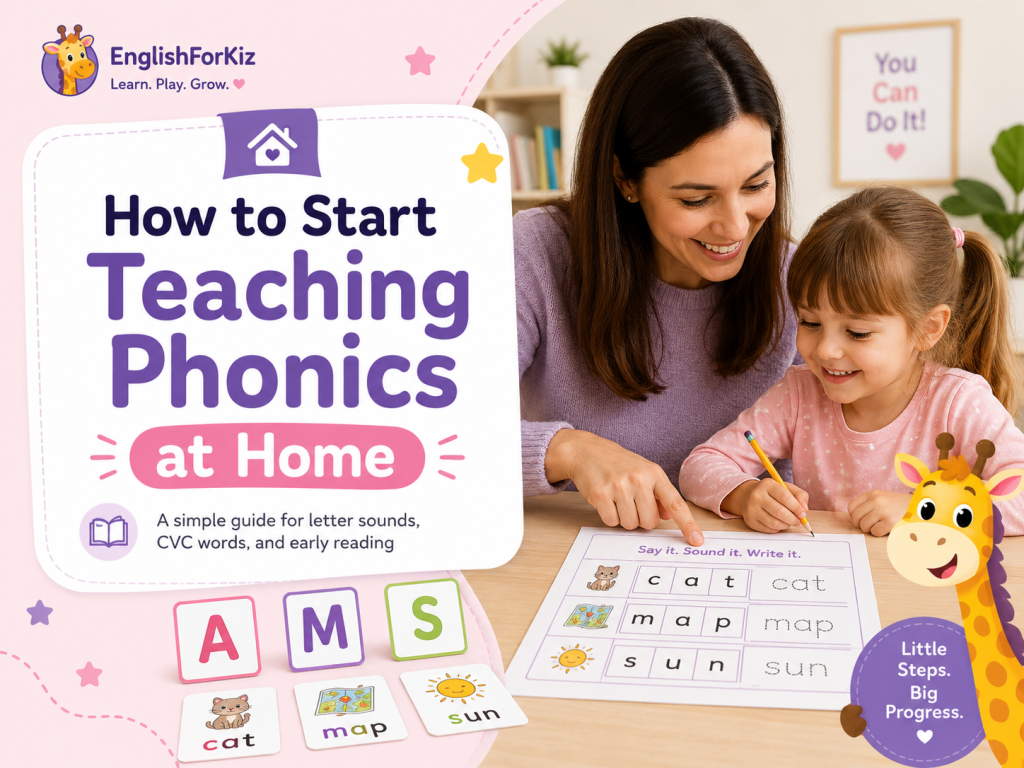 Parent teaching phonics at home with letter cards and CVC worksheet