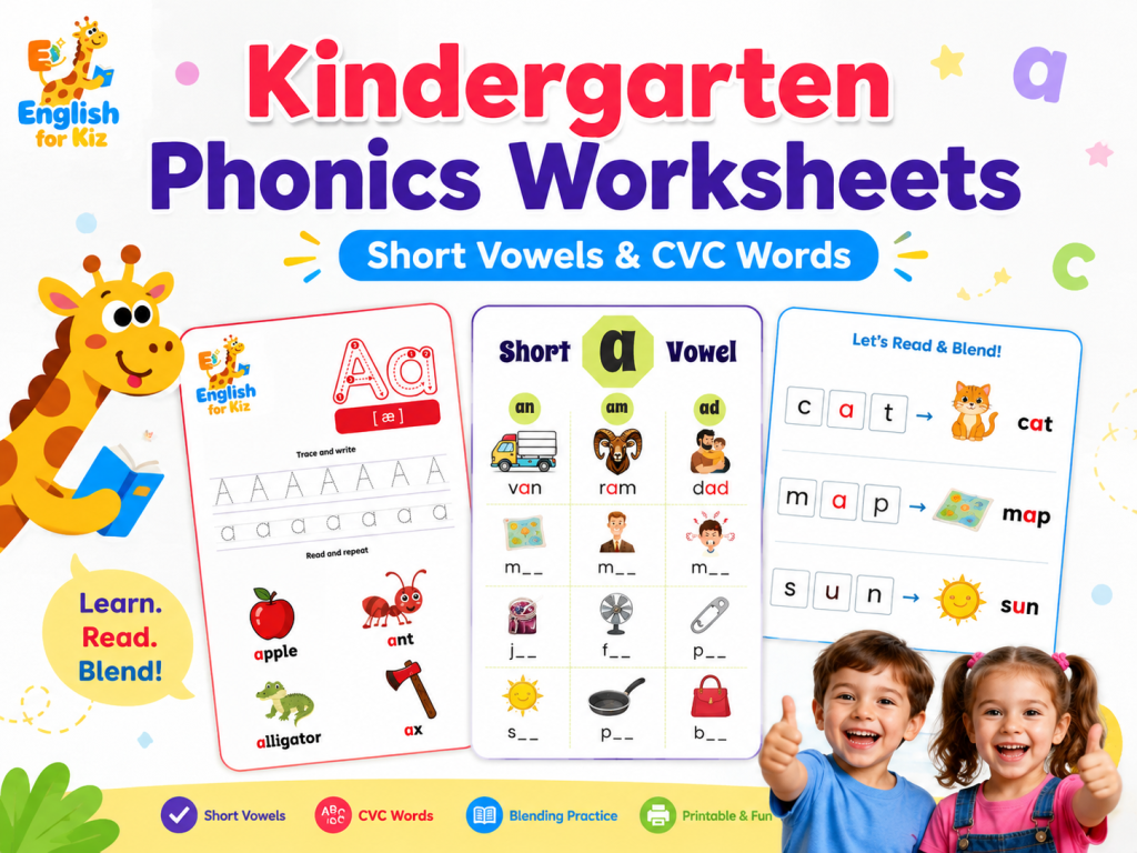 Kindergarten phonics worksheets for short vowels and CVC words