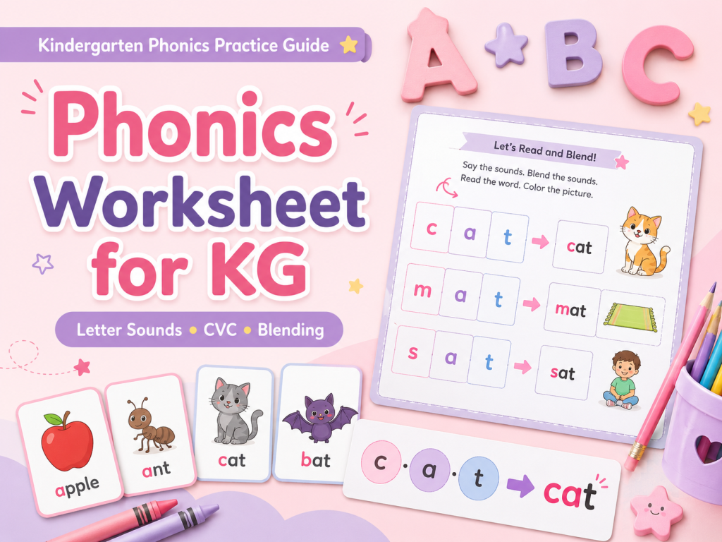 Phonics worksheet for KG with letter sounds, CVC words and blending practice