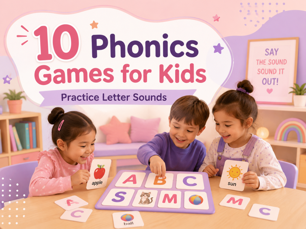 Children playing phonics games with letter cards to practice letter sounds