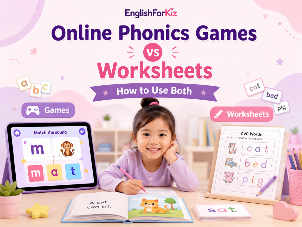 Online phonics games vs worksheets cover image with a child using phonics games, printable CVC worksheets, and decodable reading practice