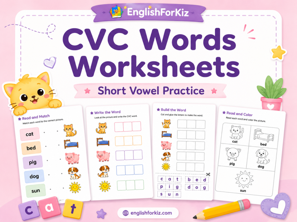 CVC words worksheets for short vowel practice with cat bed pig dog and sun examples