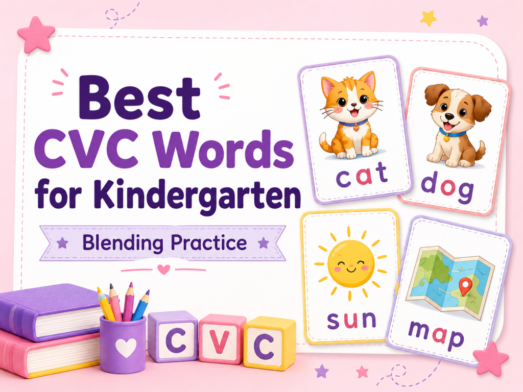 Best CVC words for kindergarten blending practice with cat, dog, sun, and map word cards