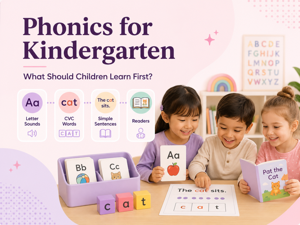 Phonics for Kindergarten learning path with letter sounds, CVC words, simple sentences and decodable readers