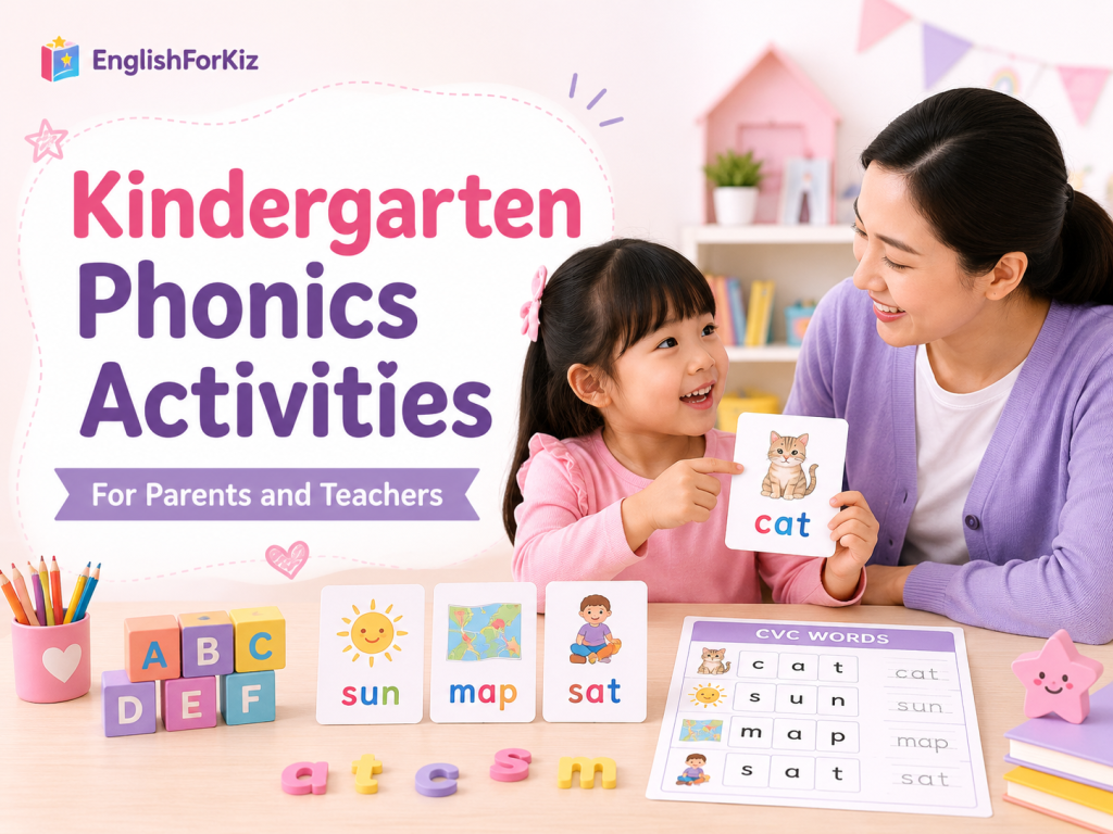 Kindergarten phonics activities with a teacher, child, flashcards, CVC words and worksheet