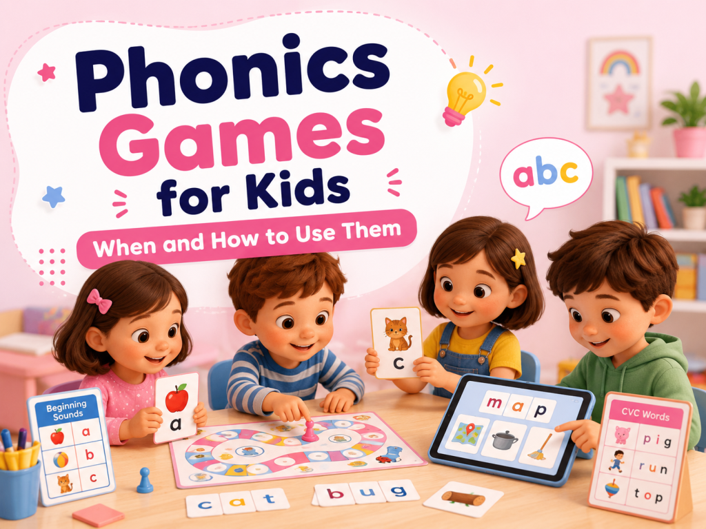 Children using letter cards, CVC word games, and a tablet for phonics practice