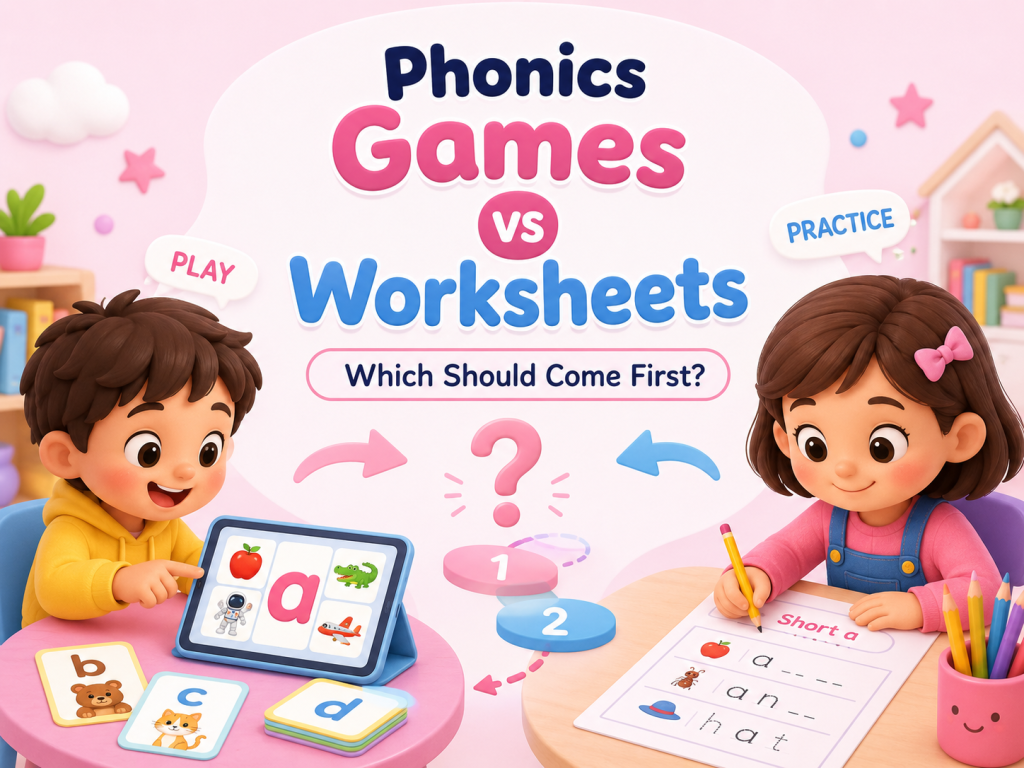 Children comparing phonics games and worksheets for early reading practice