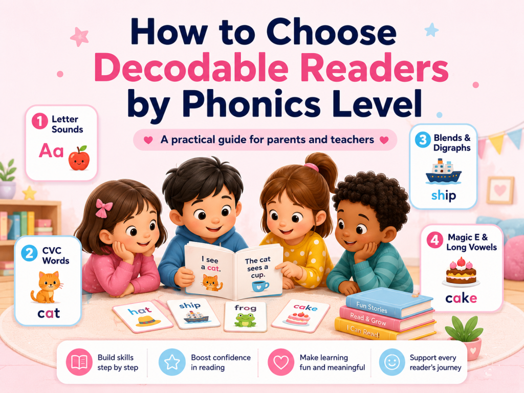 Children learning letter sounds, CVC words, blends, digraphs, and Magic E through decodable books