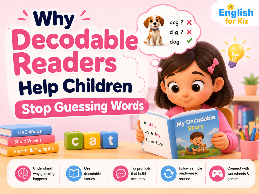 Child reading a decodable story while using phonics sounds instead of guessing words