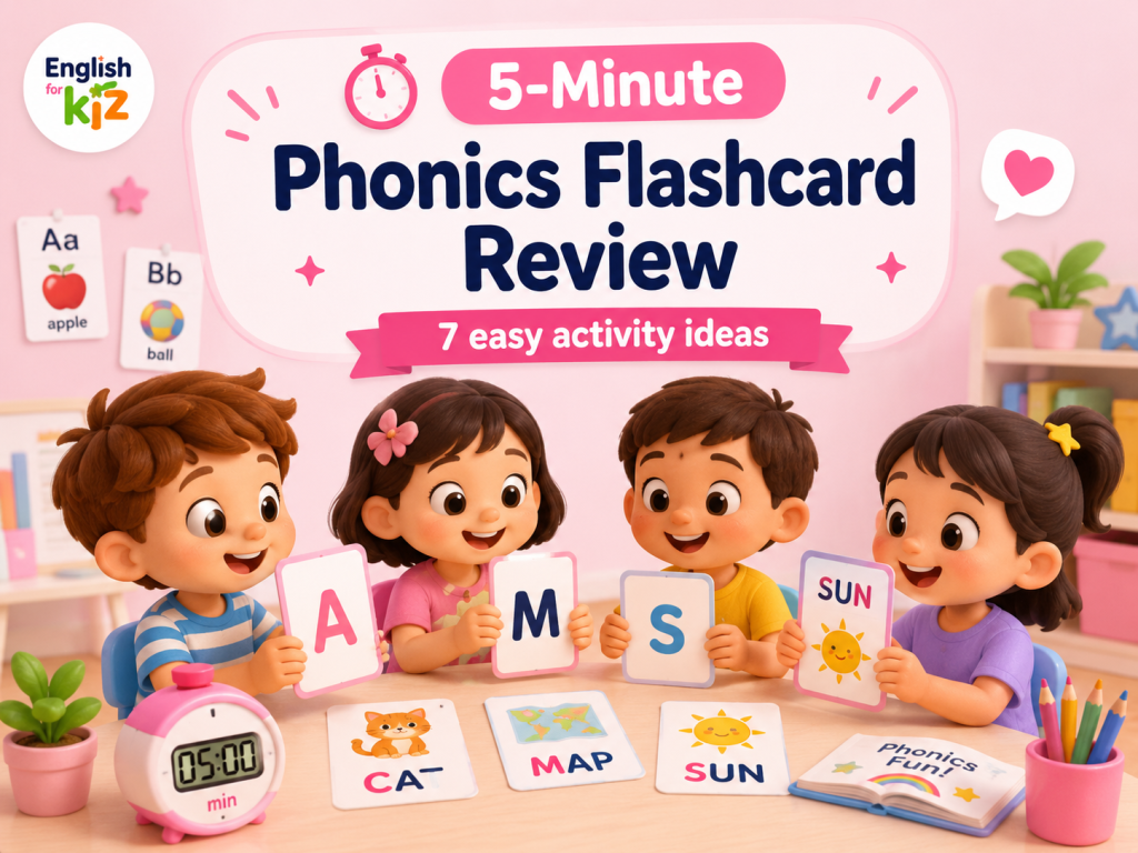 Children using phonics flashcards for a five-minute review of letter sounds and CVC words