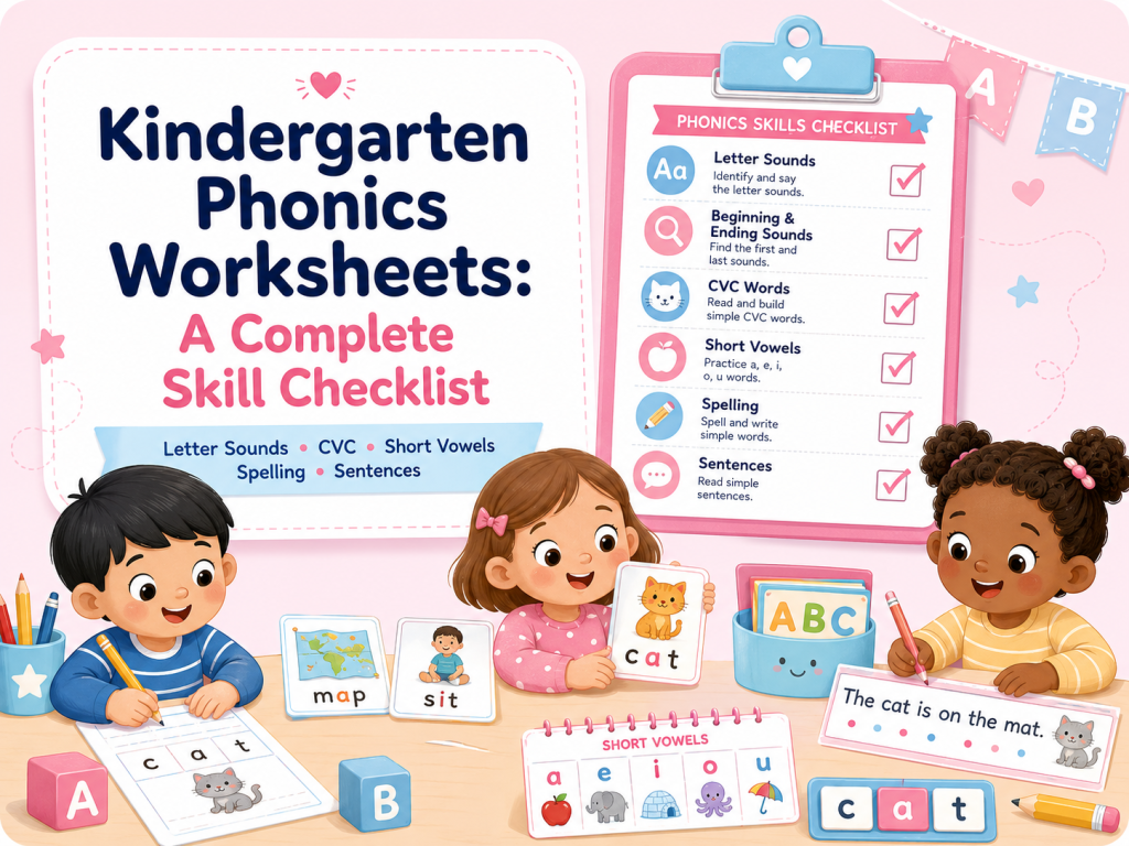 Kindergarten phonics worksheets skill checklist with letter sounds, CVC words, short vowels, spelling, and sentences