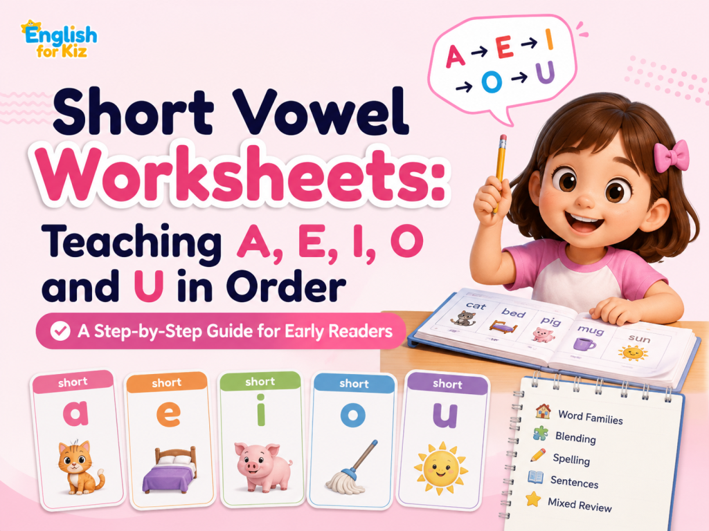 Short vowel worksheets for teaching A, E, I, O and U in order