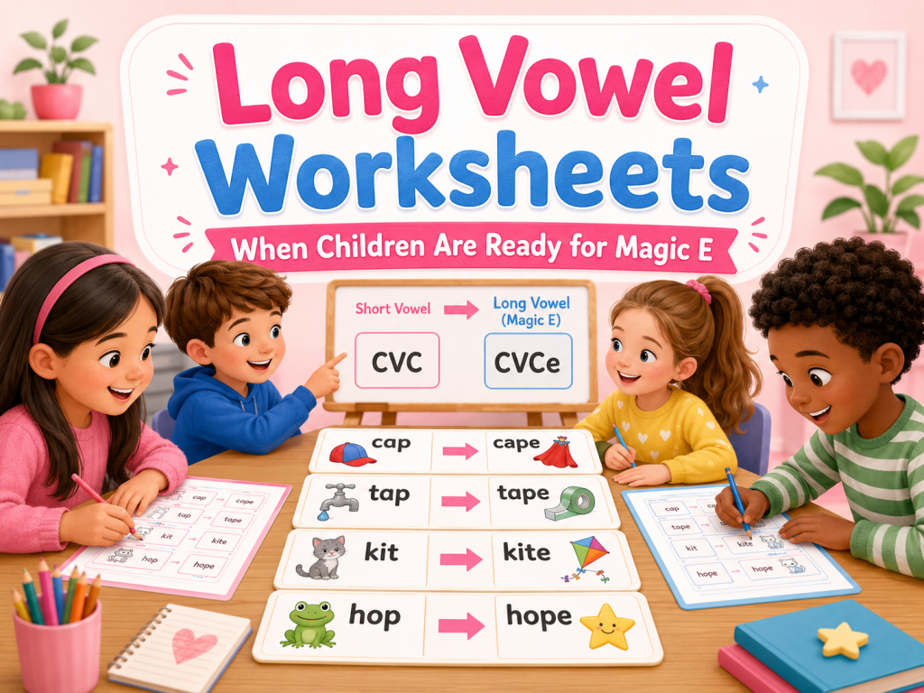 Children using long vowel worksheets to compare CVC and CVCe Magic E words