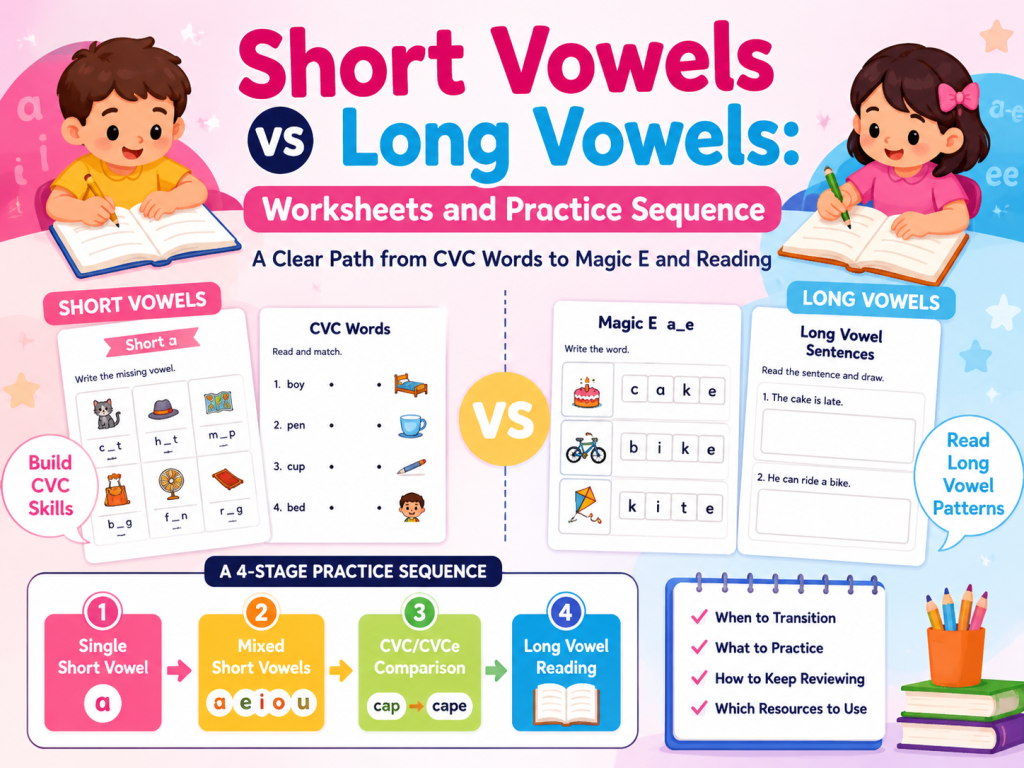 Short vowels and long vowels worksheet sequence from CVC words to Magic E reading