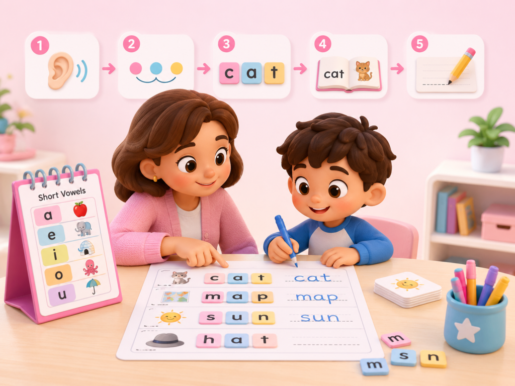 Child practicing CVC words with a teacher using printable phonics worksheets