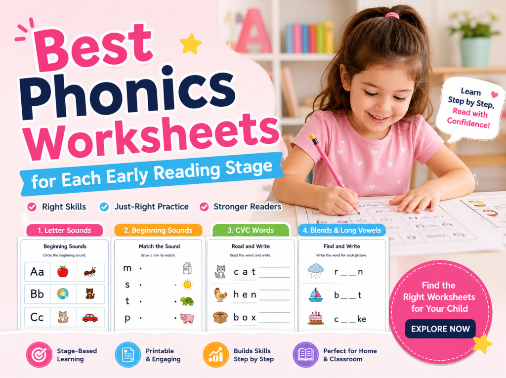 Best phonics worksheets for letter sounds, CVC words, blends, and long vowels