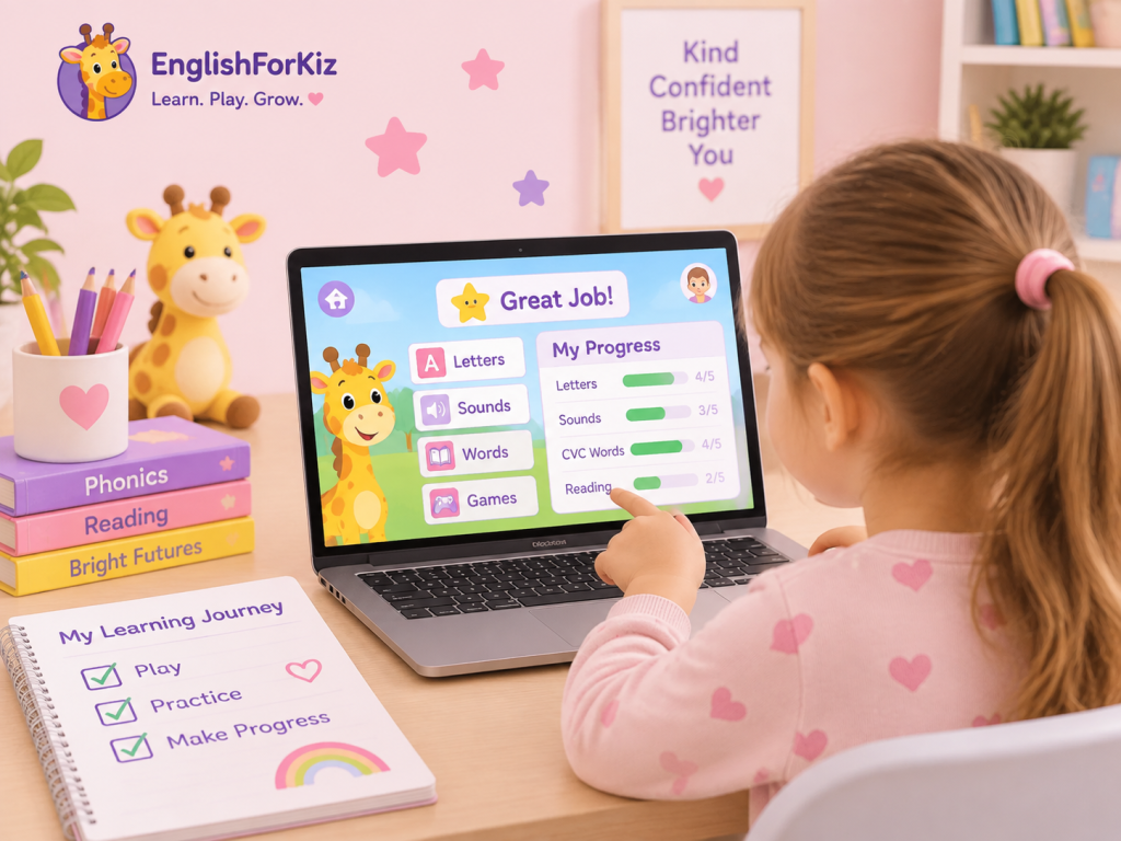 Parent tracking a child's progress in an online phonics game
