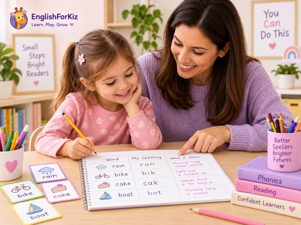 Long vowel spelling errors analysis with a child practicing phonics and reviewing spelling mistakes
