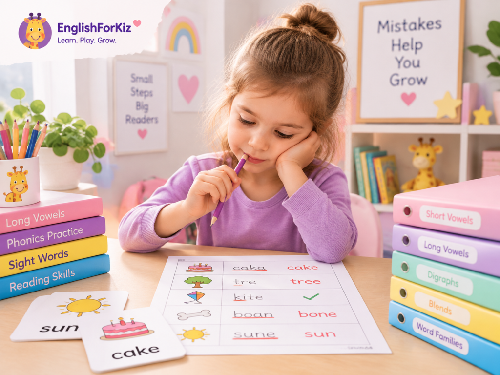 child reviewing phonics worksheet errors and practicing reading skills