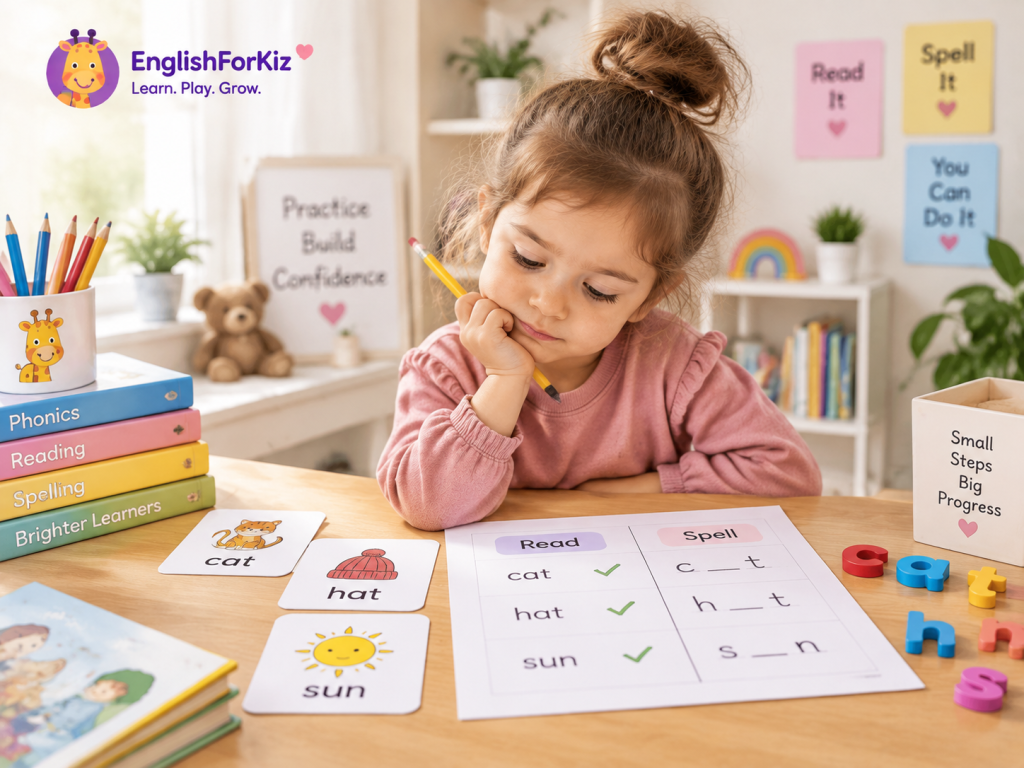Child practicing CVC reading and spelling with phonics worksheet