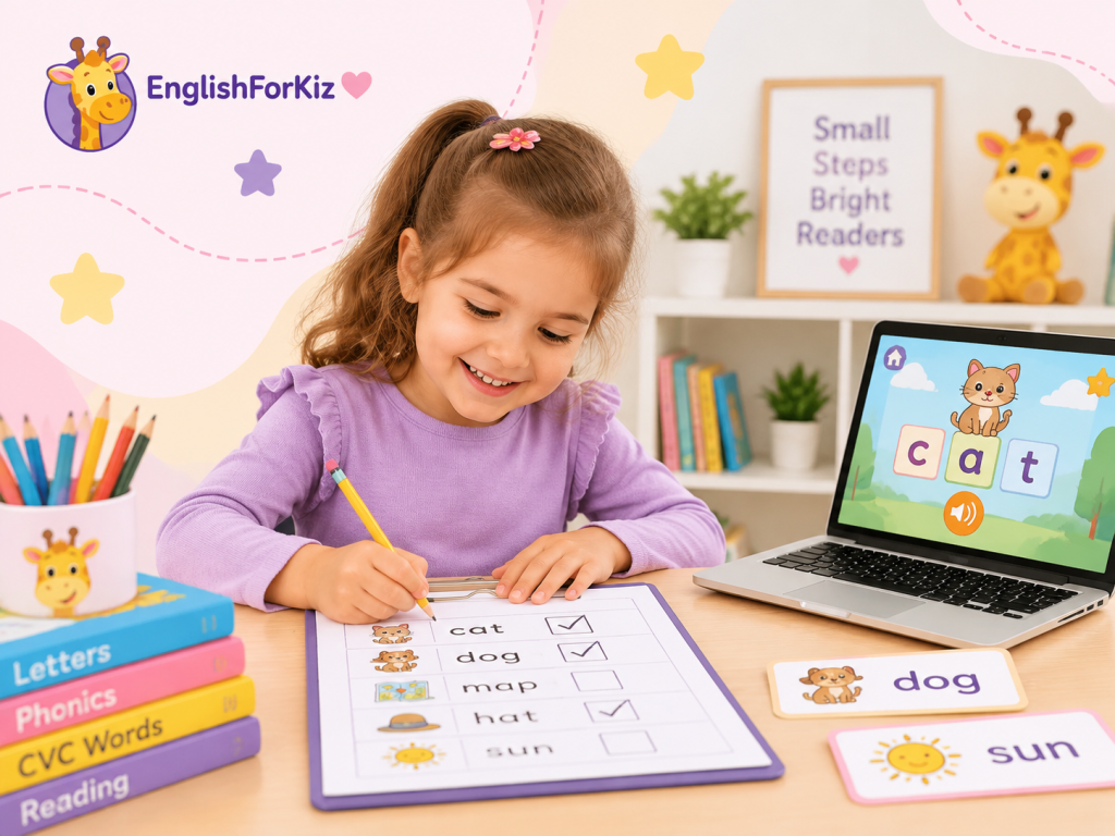 Kindergarten child practicing CVC word reading with phonics worksheets