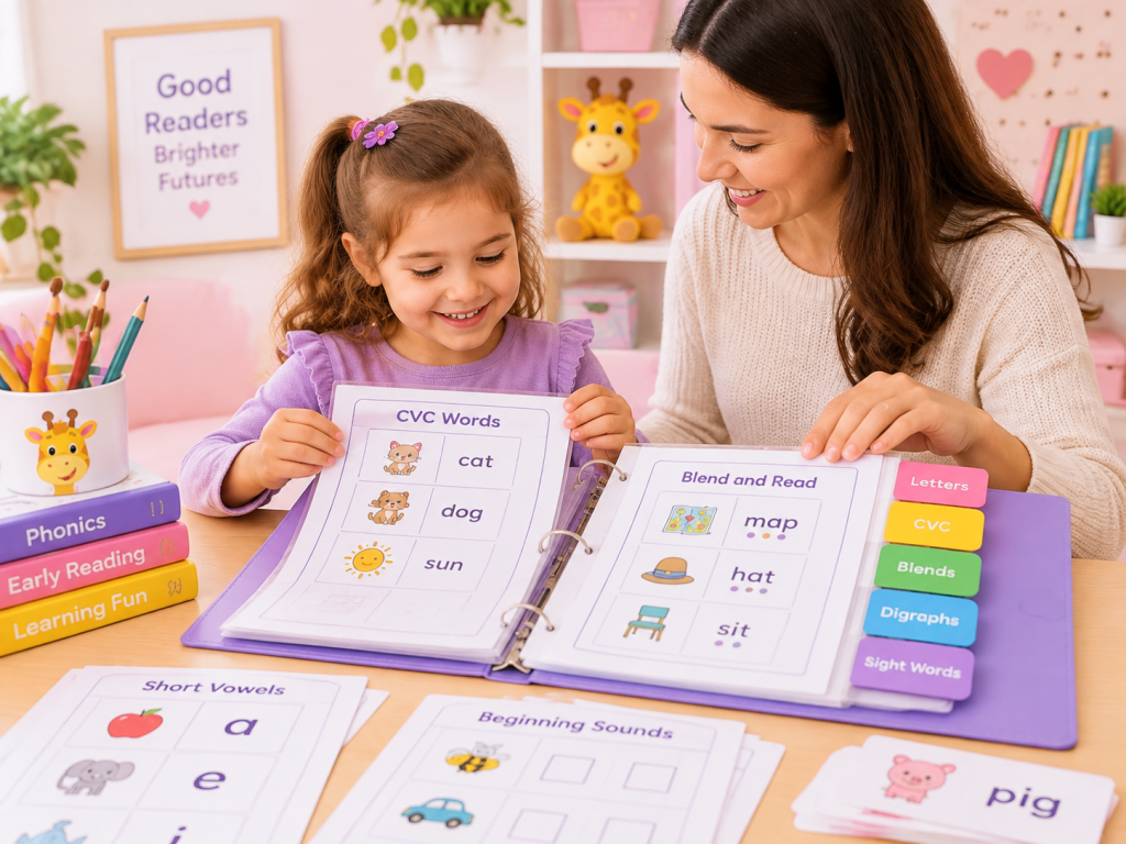How to organize a printable phonics worksheet binder with phonics worksheets and learning materials